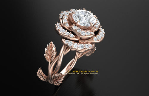 Rose Flower Engagement Ring, Lab-Grown Diamond Center Stone, 14k Rose Gold, Nature inspired diamond ring.