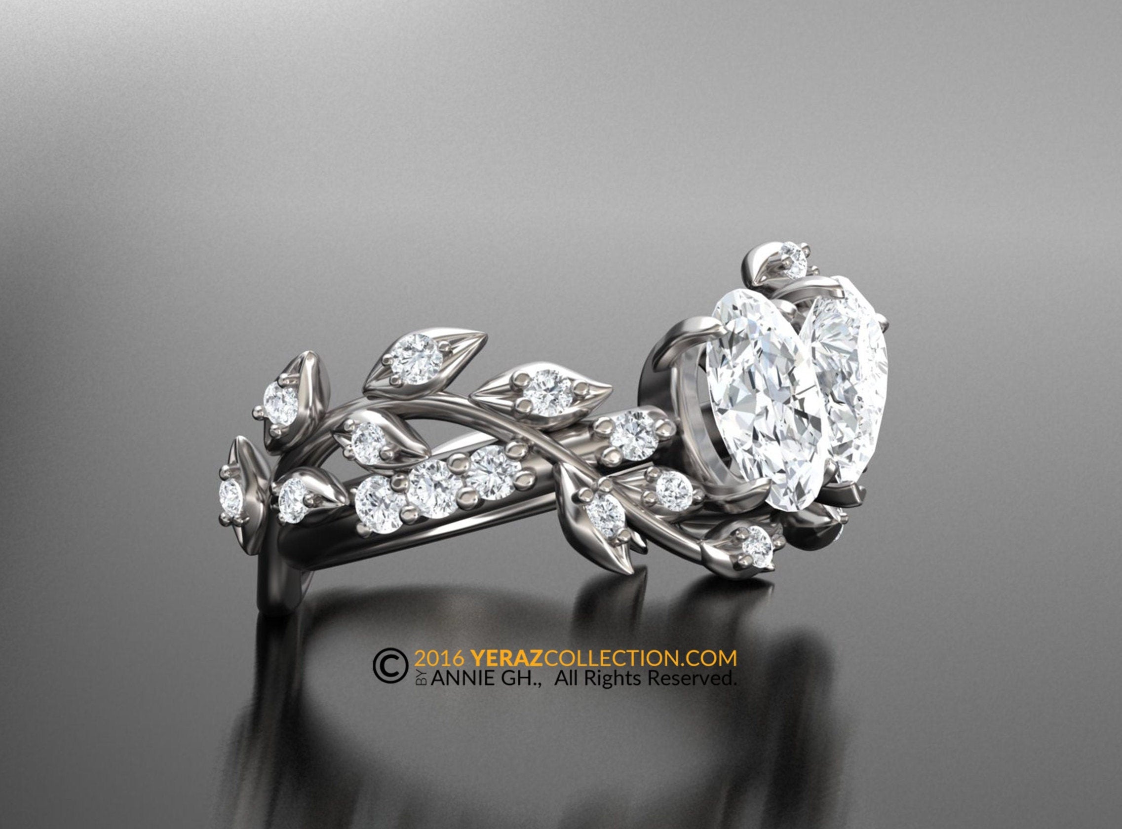 Toi Et Moi Ring, Leaf Engagement ring, White Gold 14k, Nature inspired Leaf ring, Moissanite Engagement Ring, Diamond Ring.