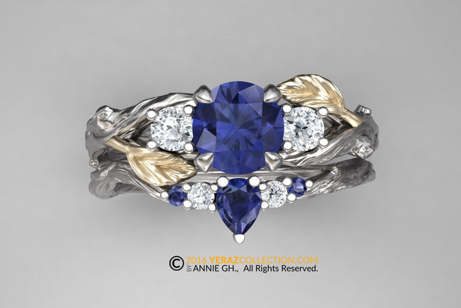 matching band, White Gold 14k, Diamond and blue Sapphire, Nature inspired Leaf ring.