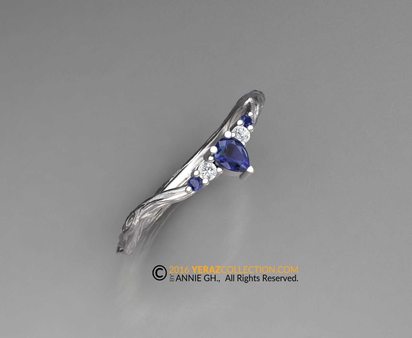 matching band, White Gold 14k, Diamond and blue Sapphire, Nature inspired Leaf ring.