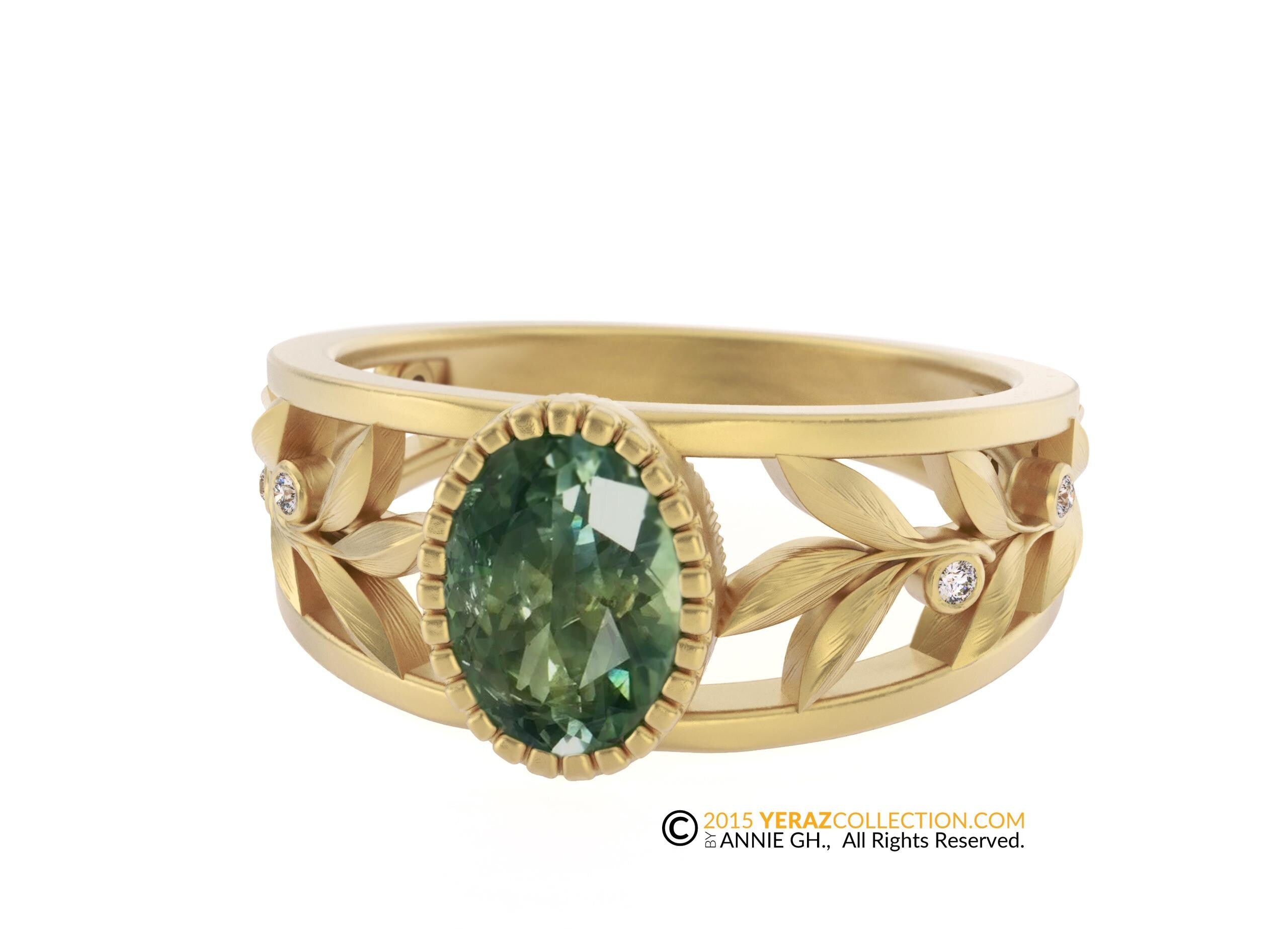 14k Gold leaf Engagement ring, 14K Yellow Gold, Green Sapphire, Olive Branch Ring, Nature Inspired Engagement Ring, Olivia.