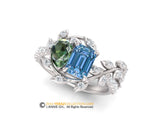Toi Et Moi Ring, Leaf Engagement ring, White Gold 14k, Nature inspired Leaf ring, Blue And green Lab Diamond Engagement Ring, Diamond Ring.