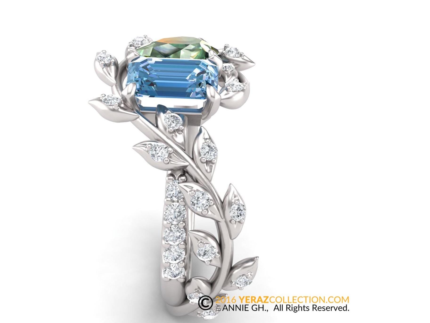 Toi Et Moi Ring, Leaf Engagement ring, White Gold 14k, Nature inspired Leaf ring, Blue And green Lab Diamond Engagement Ring, Diamond Ring.