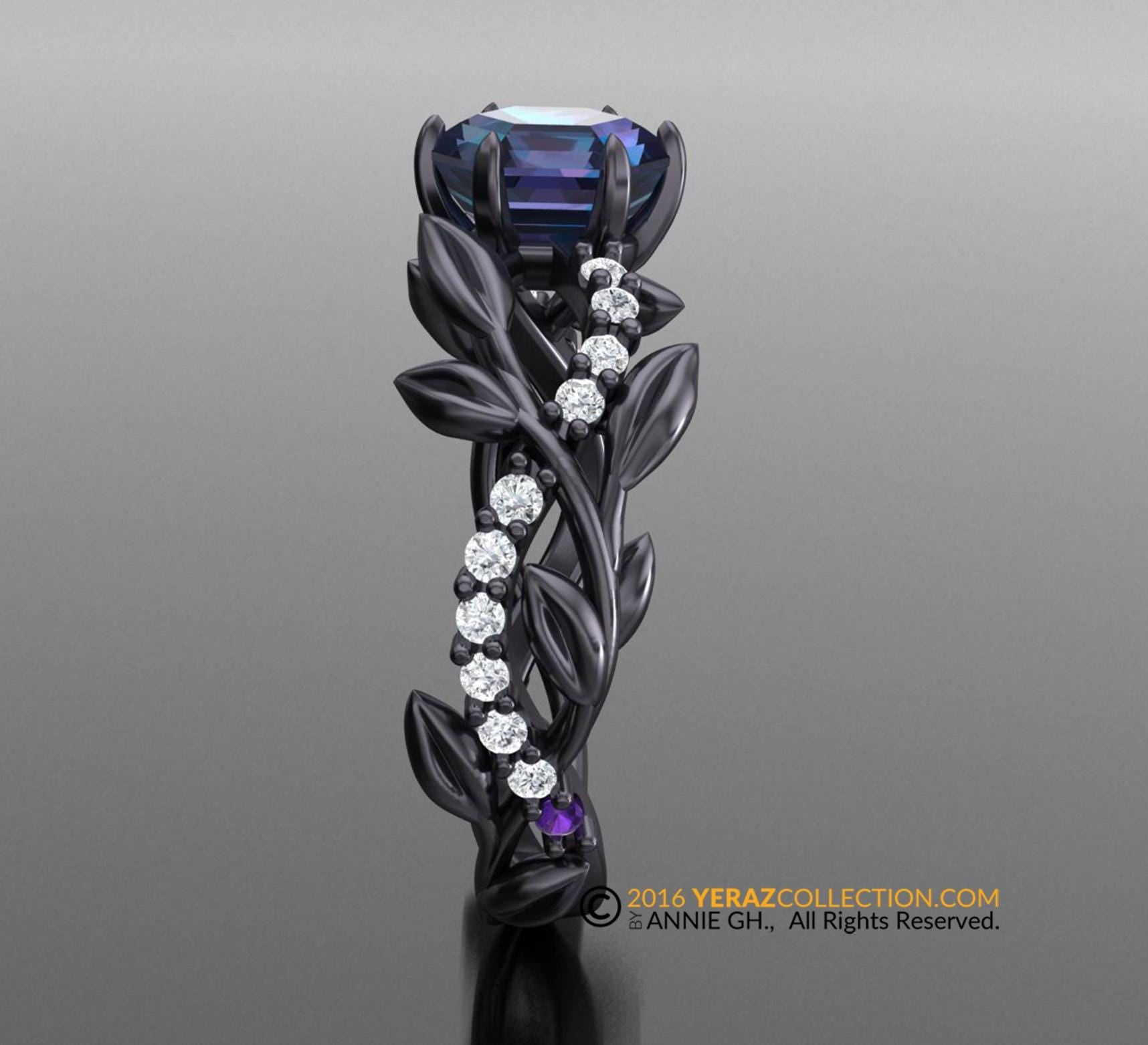 Hexagon Leaf Engagement Ring, Black Rhodium Gold 14k, Chatham Alexandrite Center-stone, Nature inspired Diamond Leaf ring, Leaf Gold ring.