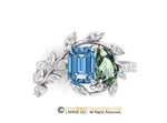 Toi Et Moi Ring, Leaf Engagement ring, White Gold 14k, Nature inspired Leaf ring, Blue And green Lab Diamond Engagement Ring, Diamond Ring.