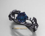 Hexagon Leaf Engagement Ring, Black Rhodium Gold 14k, Chatham Alexandrite Center-stone, Nature inspired Diamond Leaf ring, Leaf Gold ring.