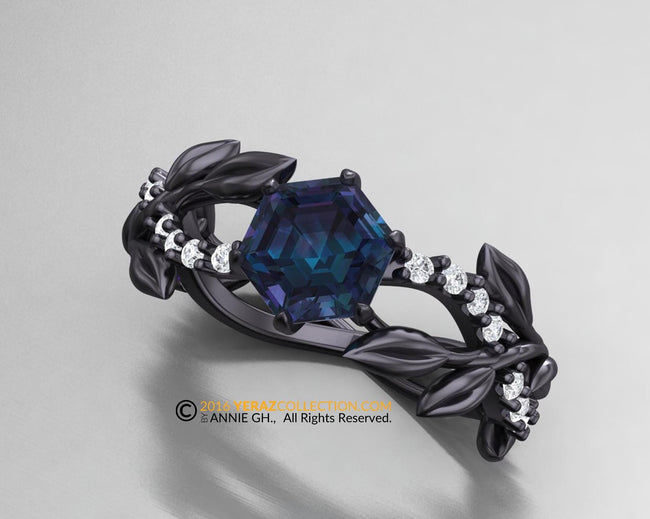 Hexagon Leaf Engagement Ring, Black Rhodium Gold 14k, Chatham Alexandrite Center-stone, Nature inspired Diamond Leaf ring, Leaf Gold ring.