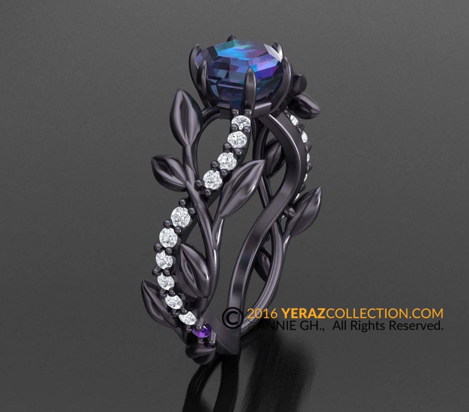 Hexagon Leaf Engagement Ring, Black Rhodium Gold 14k, Chatham Alexandrite Center-stone, Nature inspired Diamond Leaf ring, Leaf Gold ring.