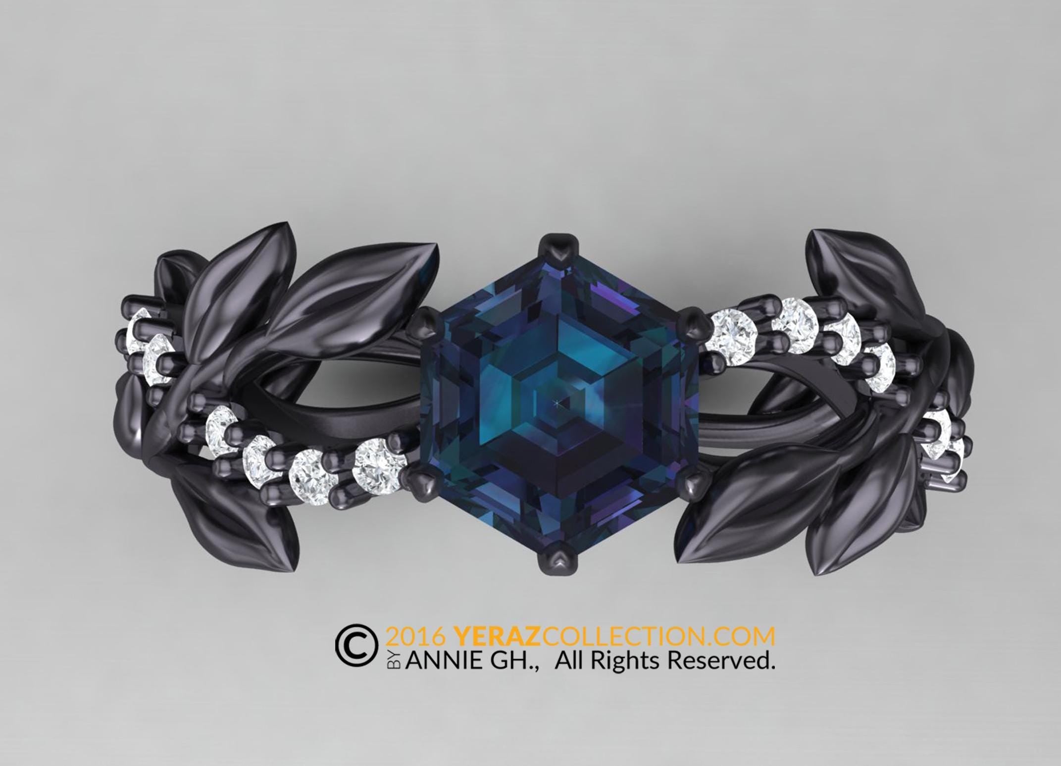 Hexagon Leaf Engagement Ring, Black Rhodium Gold 14k, Chatham Alexandrite Center-stone, Nature inspired Diamond Leaf ring, Leaf Gold ring.