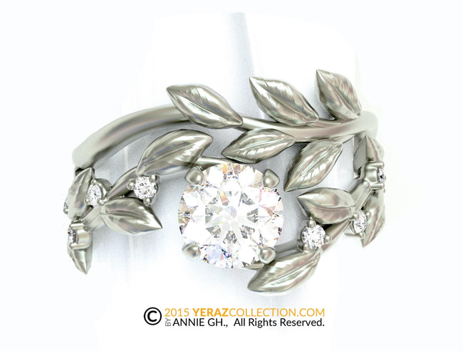 Verdant embrace, Leaf engagement ring set, white gold 14k, Lab created diamond engagement ring set, nature-inspired leaf ring.