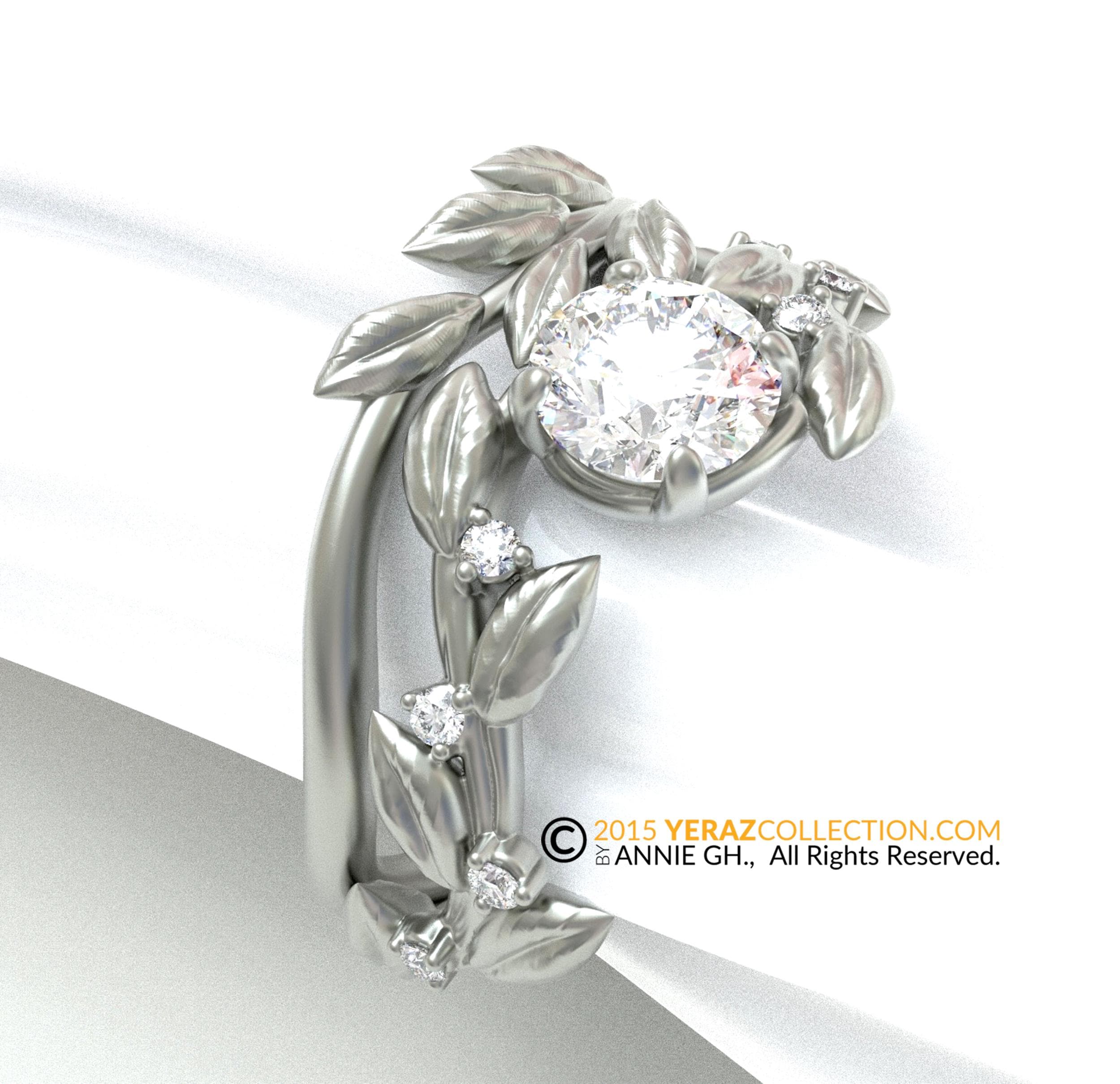 Verdant embrace, Leaf engagement ring set, white gold 14k, Lab created diamond engagement ring set, nature-inspired leaf ring.