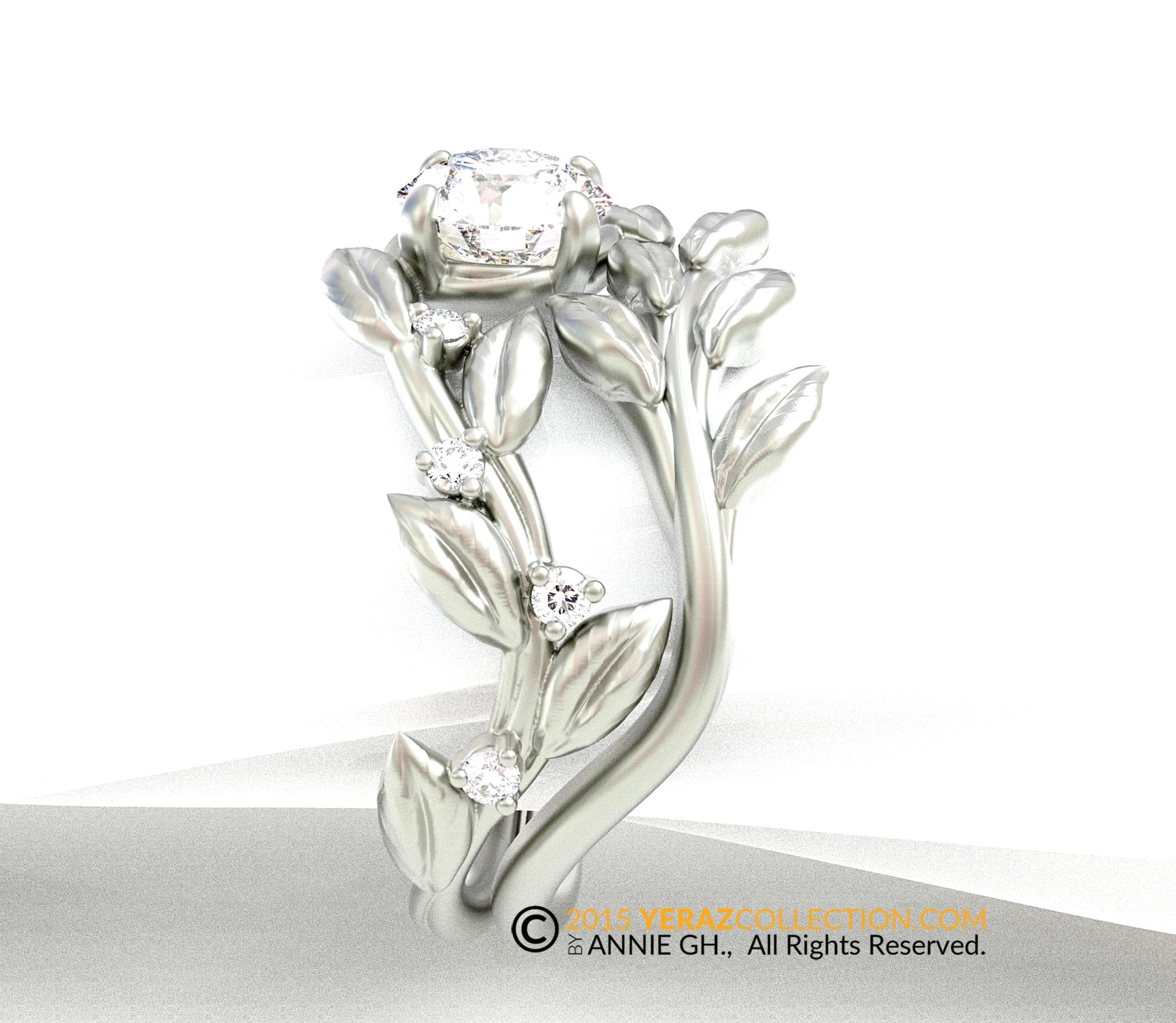 Verdant embrace, Leaf engagement ring set, white gold 14k, Lab created diamond engagement ring set, nature-inspired leaf ring.