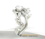 Verdant embrace, Leaf engagement ring set, white gold 14k, Lab created diamond engagement ring set, nature-inspired leaf ring.