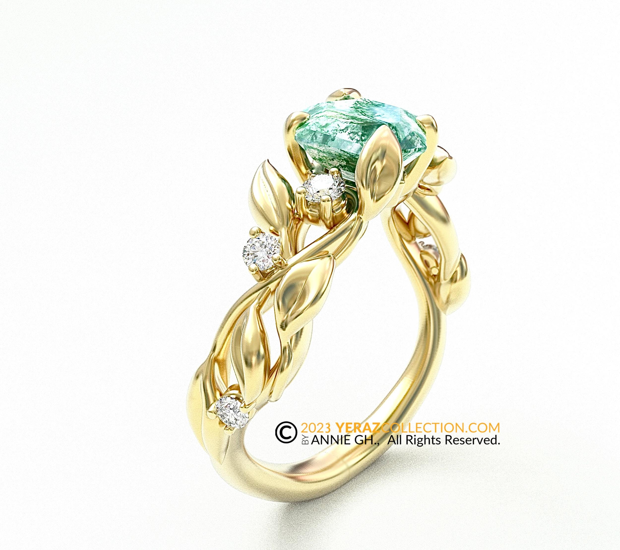 Leaf Engagement ring, 14K Yellow Gold, Moss Agate Engagement ring, Nature inspired Emerald Leaf ring, Leaf Gold ring, Moss light.