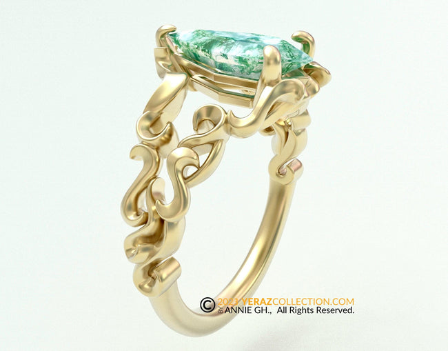 Filigree Engagement ring, 14K Yellow Gold, Moss Agate Engagement ring, Kite Shape , Nature inspired, Leaf ring, Filigree Gold ring.