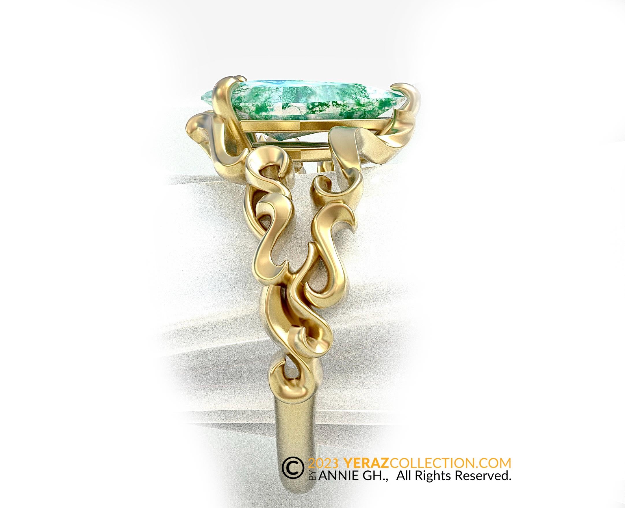 Filigree Engagement ring, 14K Yellow Gold, Moss Agate Engagement ring, Kite Shape , Nature inspired, Leaf ring, Filigree Gold ring.