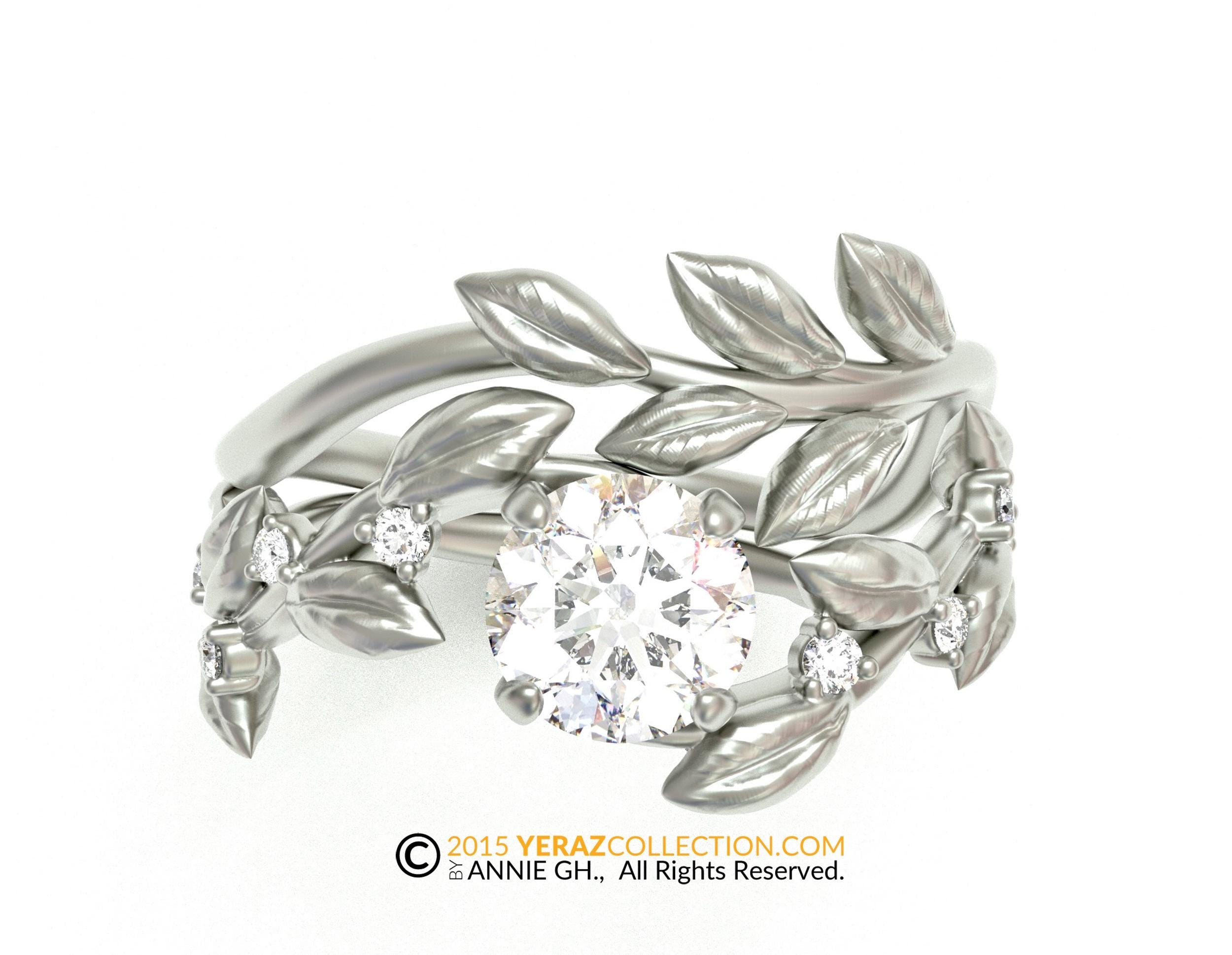 Verdant embrace, Leaf engagement ring set, white gold 14k, diamond engagement ring set, nature-inspired leaf ring, leaf gold ring.