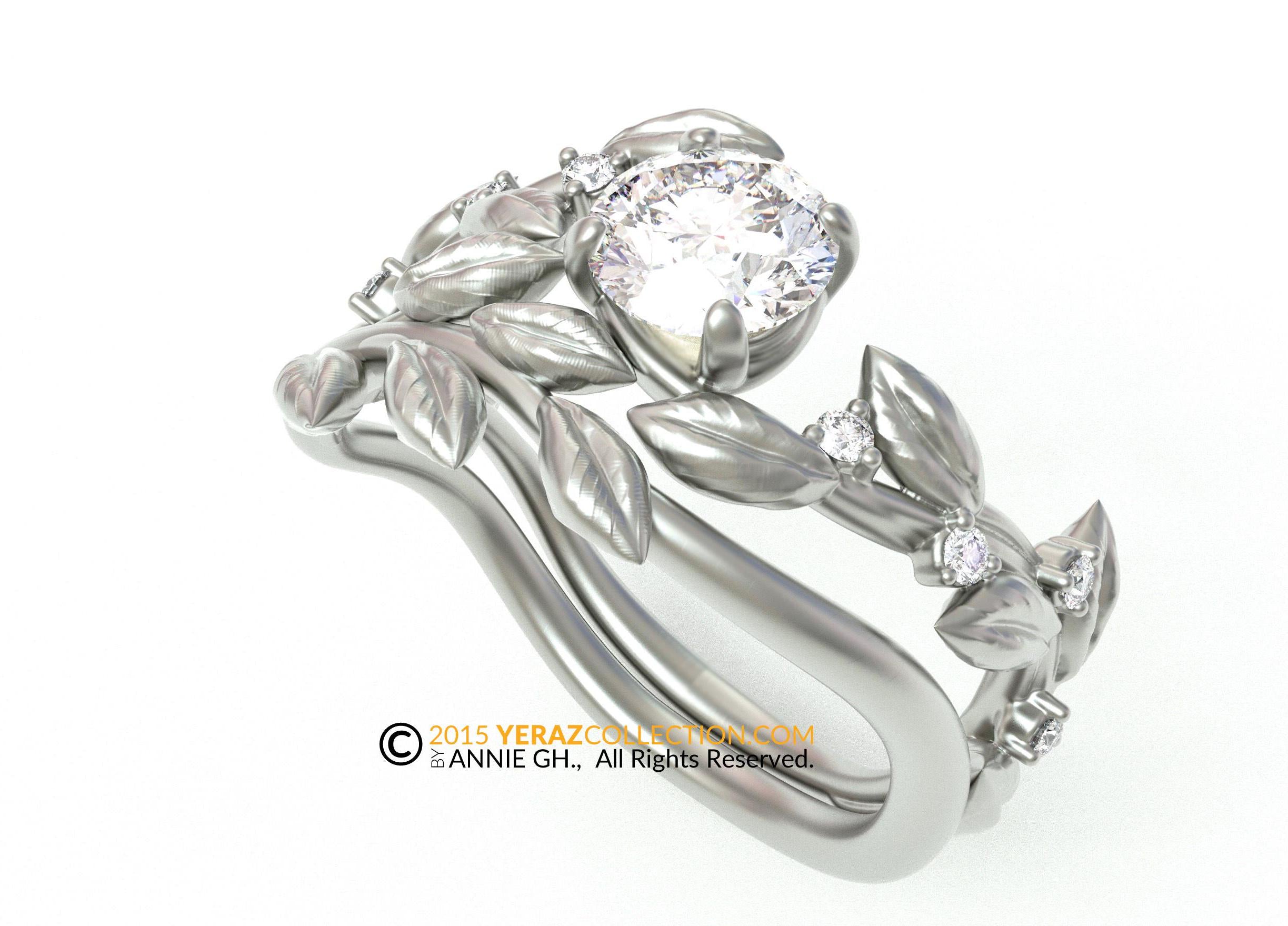 Verdant embrace, Leaf engagement ring set, white gold 14k, Lab created diamond engagement ring set, nature-inspired leaf ring.