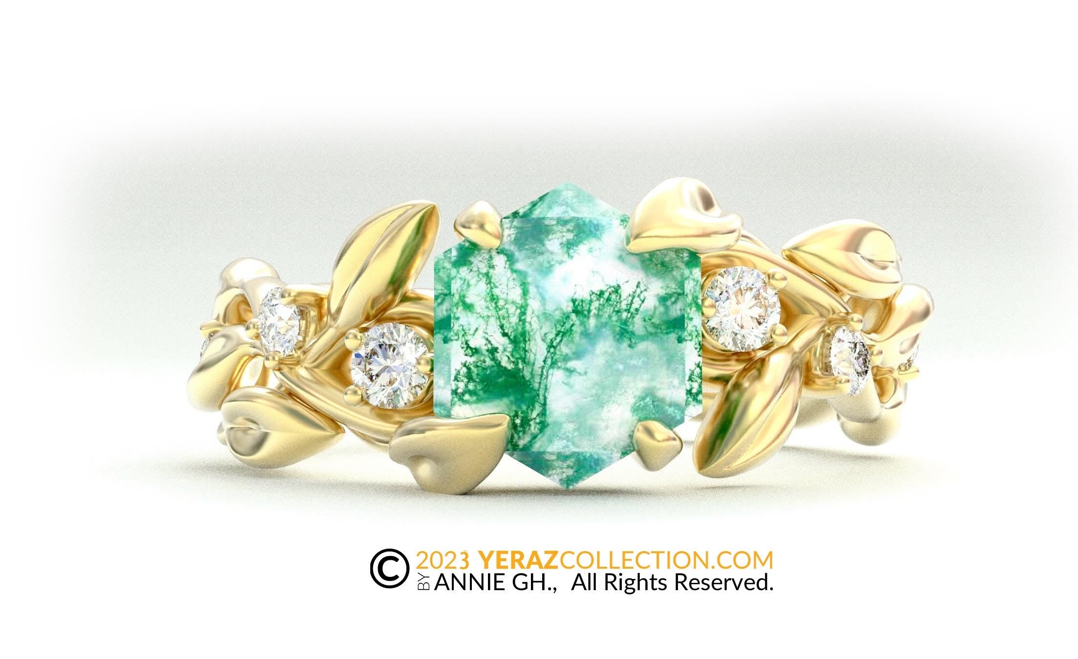 Leaf Engagement ring, 14K Yellow Gold, Moss Agate Engagement ring, Nature inspired Emerald Leaf ring, Leaf Gold ring, Moss light.