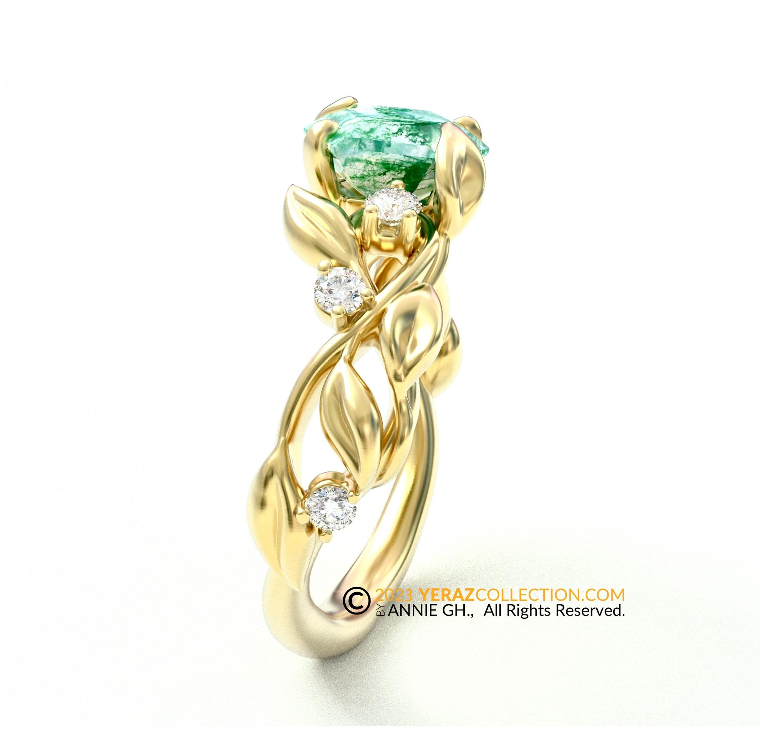 Leaf Engagement ring, 14K Yellow Gold, Moss Agate Engagement ring, Nature inspired Emerald Leaf ring, Leaf Gold ring, Moss light.