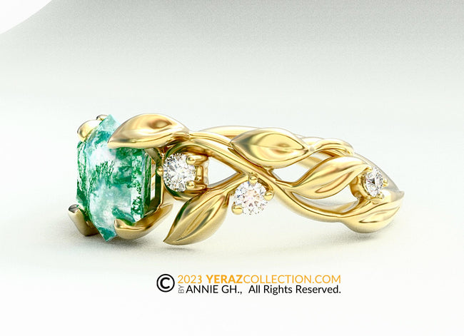 Leaf Engagement ring, 14K Yellow Gold, Moss Agate Engagement ring, Nature inspired Emerald Leaf ring, Leaf Gold ring, Moss light.