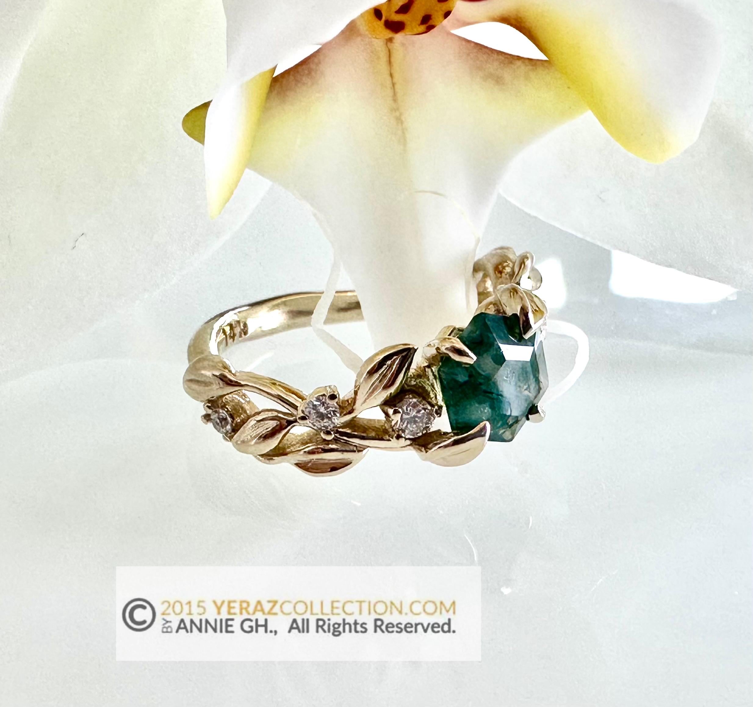 Leaf Engagement ring, 14K Yellow Gold, Moss Agate Engagement ring, Nature inspired Emerald Leaf ring, Leaf Gold ring, Moss light.