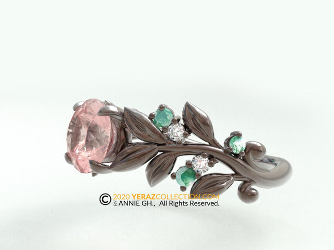 Leaf Engagement ring, Black Rhodium Gold 10k, Rose Quartz Ring, Nature inspired Leaf ring.