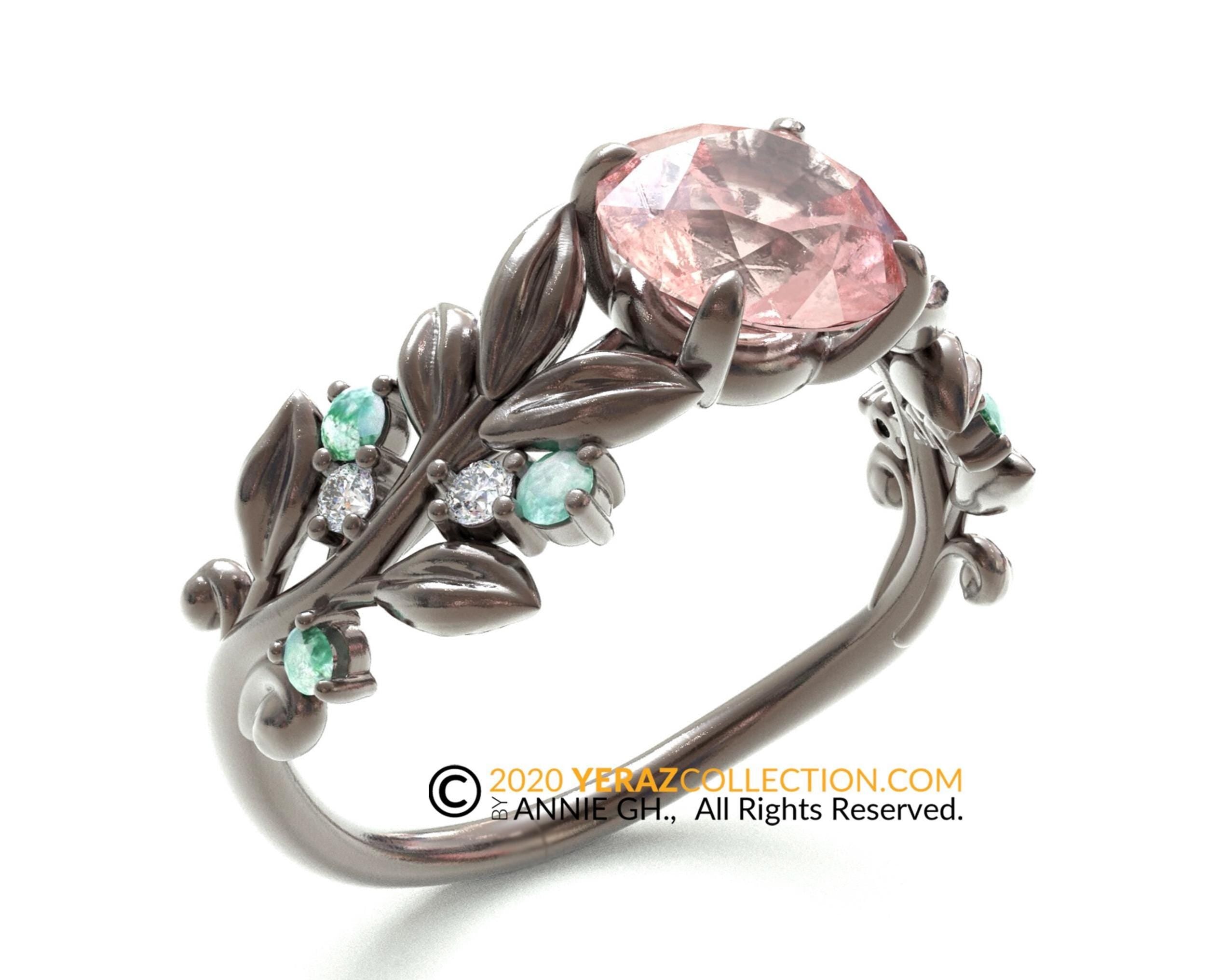 Leaf Engagement ring, Black Rhodium Gold 10k, Rose Quartz Ring, Nature inspired Leaf ring.