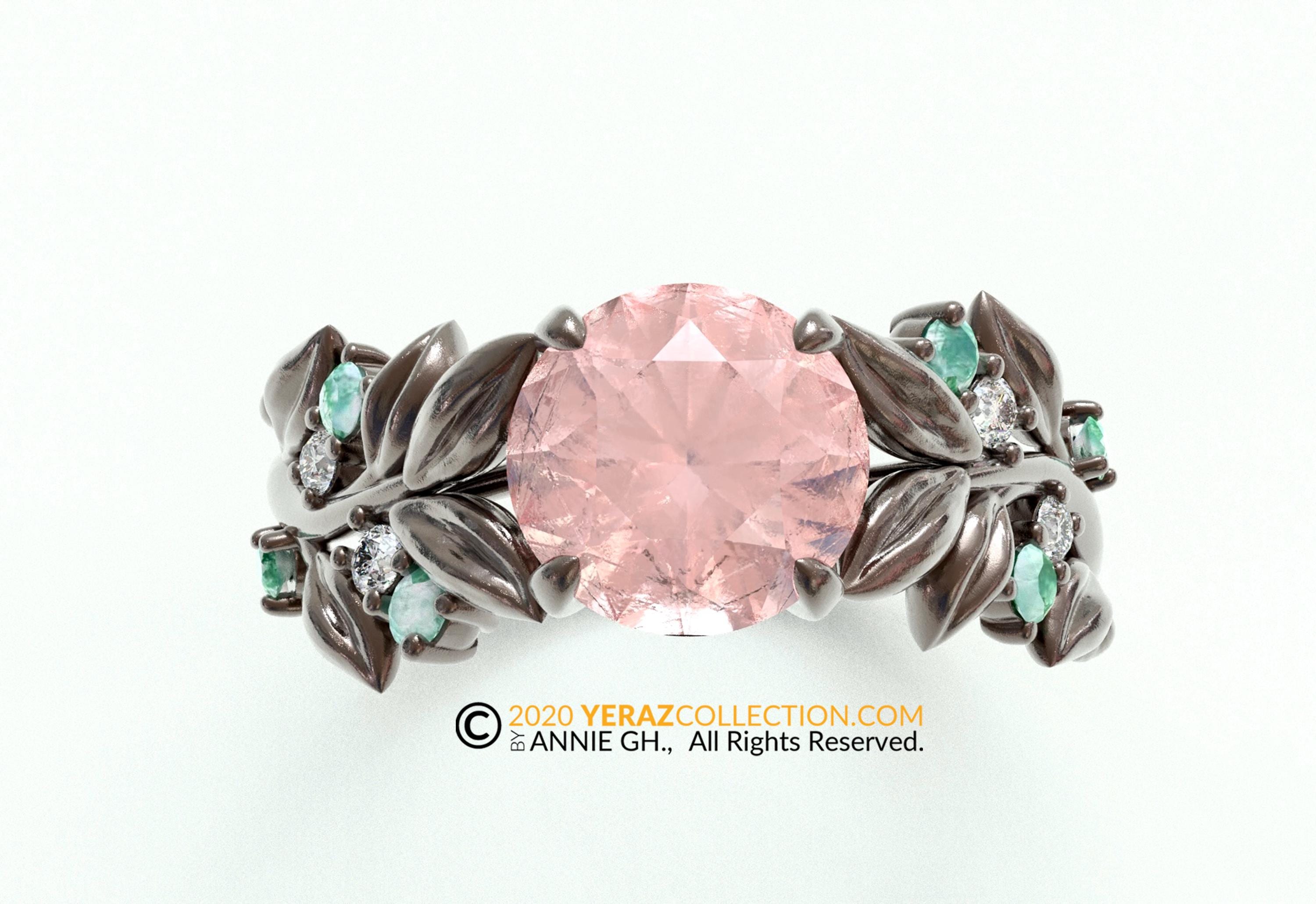 Leaf Engagement ring, Black Rhodium Gold 10k, Rose Quartz Ring, Nature inspired Leaf ring.