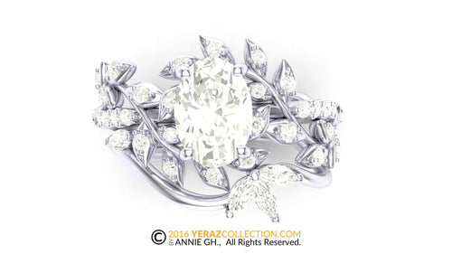 Leaf Ring Set, Leaf Engagement ring, White solid Gold 14k, Nature inspired Leaf ring, Lab Diamond Engagement Ring.