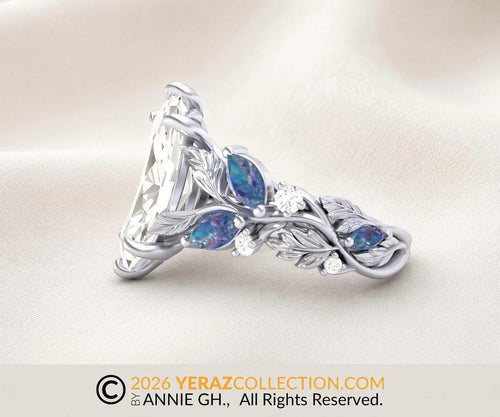 Nature Inspired Leaf Engagement Ring, Marquise Lab Diamond Ring, Engagement Ring. Alexandrite Bloom