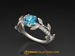 Leaf Engagement Ring, White Gold 14k, Blue Topaz Engagement Ring, Nature inspired Diamond Leaf ring, Leaf Gold ring, 1251.