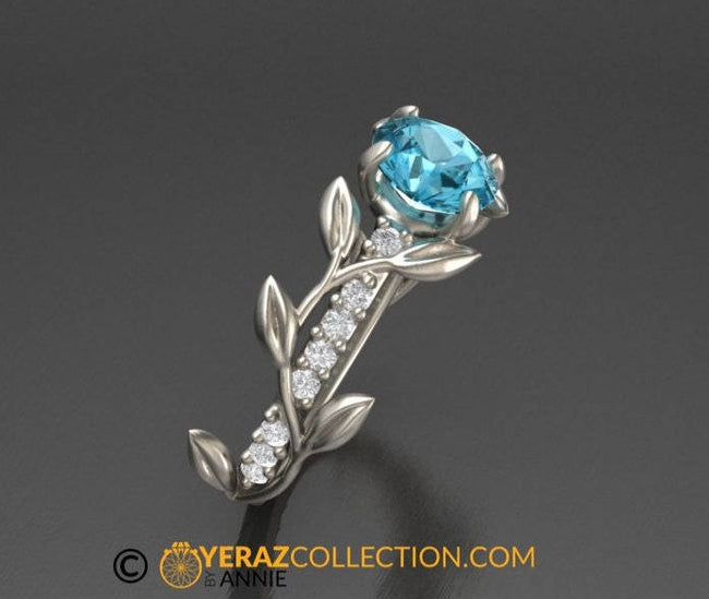 Leaf Engagement Ring, White Gold 14k, Blue Topaz Engagement Ring, Nature inspired Diamond Leaf ring, Leaf Gold ring, 1251.