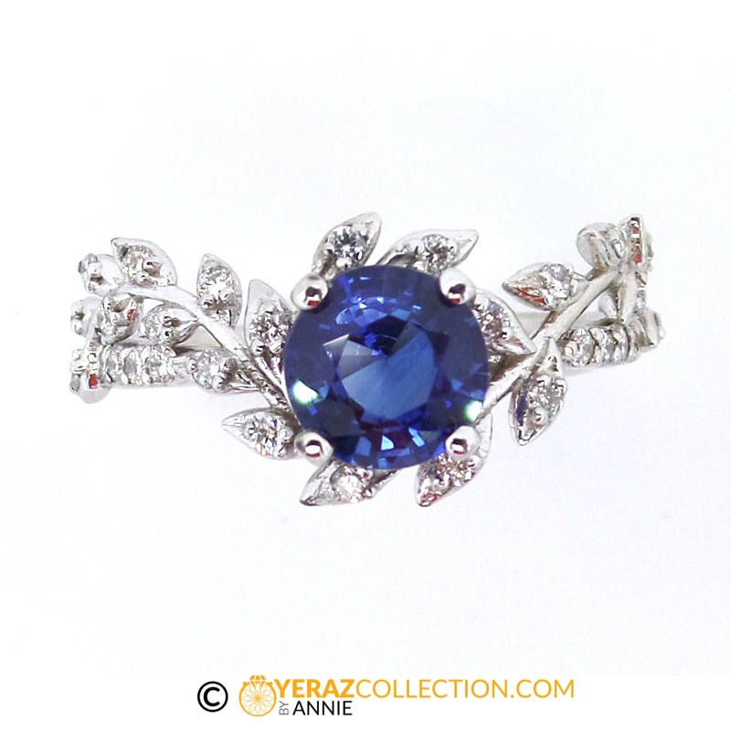 Unique Blue Sapphire Flower Engagement Ring, 14k White Gold, Blue Sapphire Engagement ring, Nature inspired Diamond Leaf ring, Bridal ring.
