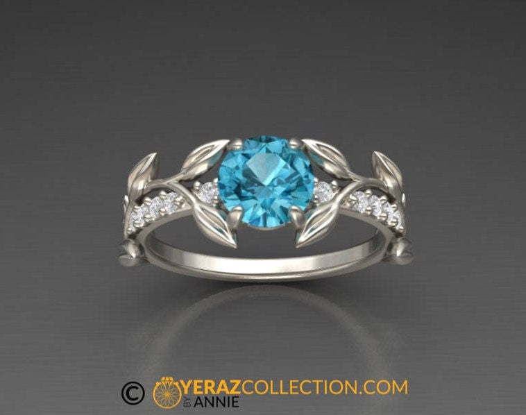 Leaf Engagement Ring, White Gold 14k, Blue Topaz Engagement Ring, Nature inspired Diamond Leaf ring, Leaf Gold ring, 1251.