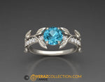 Leaf Engagement Ring, White Gold 14k, Blue Topaz Engagement Ring, Nature inspired Diamond Leaf ring, Leaf Gold ring, 1251.