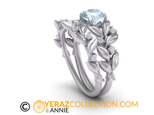 Matching band, 14k White gold, Nature inspired Diamond Leaf ring, Leaf Gold ring.