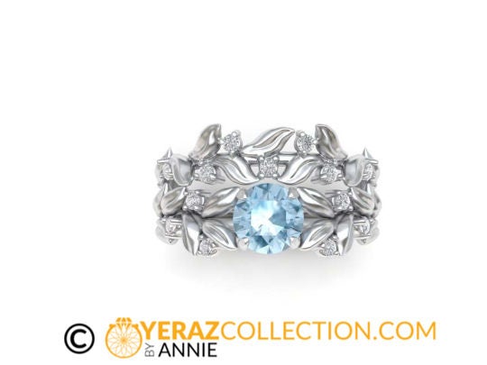 Matching band, 14k White gold, Nature inspired Diamond Leaf ring, Leaf Gold ring.