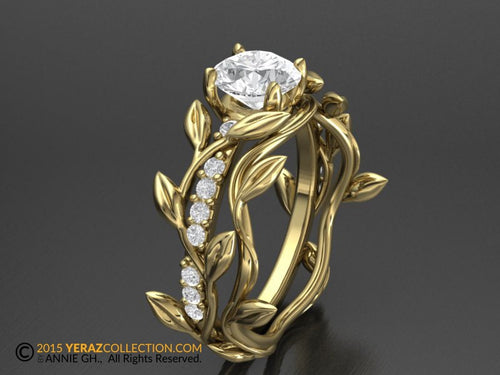 Custom Ring for V, Leaf Engagement Ring Set, 14K Gold Band, Nature inspired Leaf ring, Leaf Gold Band. (Copy)