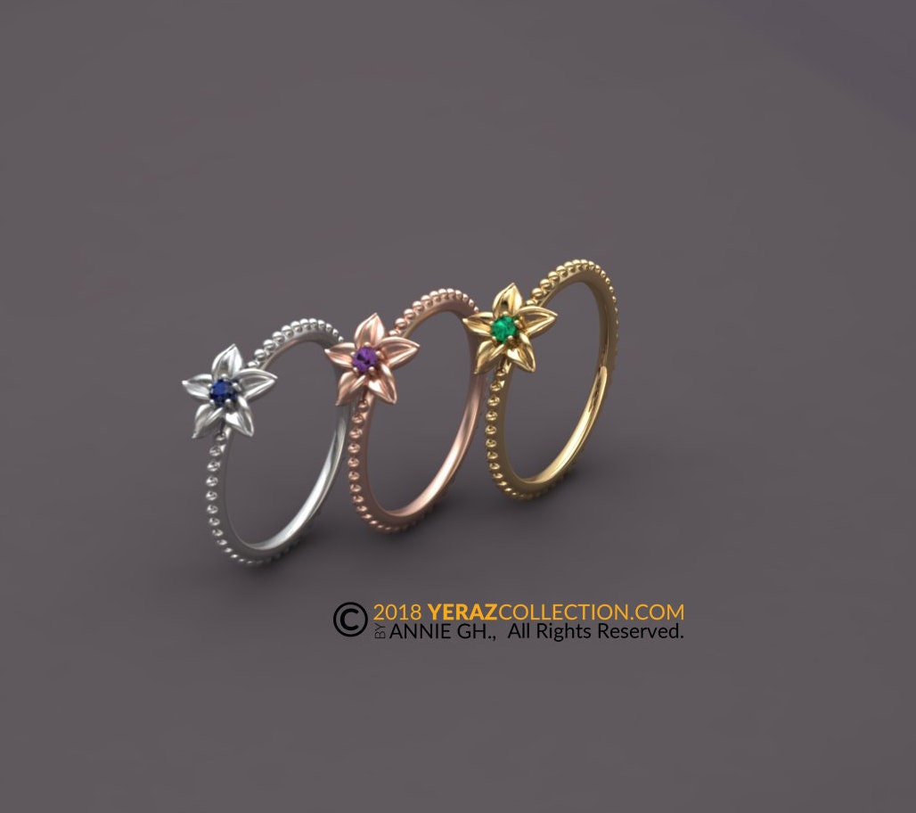 Birthstone Flower Gold Ring, Gemstone Ring, Delicate gold ring, Unique gold ring, 14K Gold Ring, Birthstone Ring, Nature Inspired ring