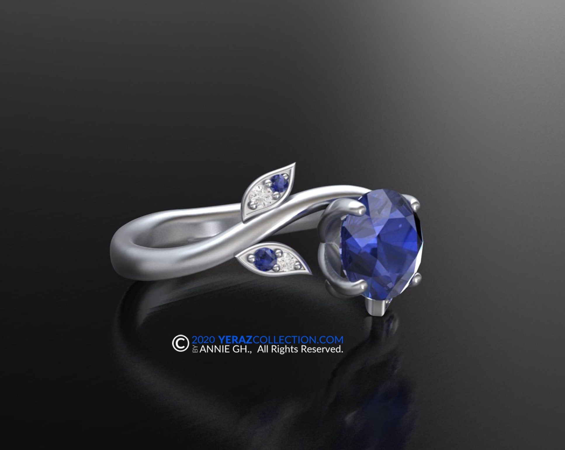 Leaf Engagement Ring, Blue Sapphire Engagement Ring, Chatham Blue Sapphire Nature Inspired Ring, 14k Gold Ring.