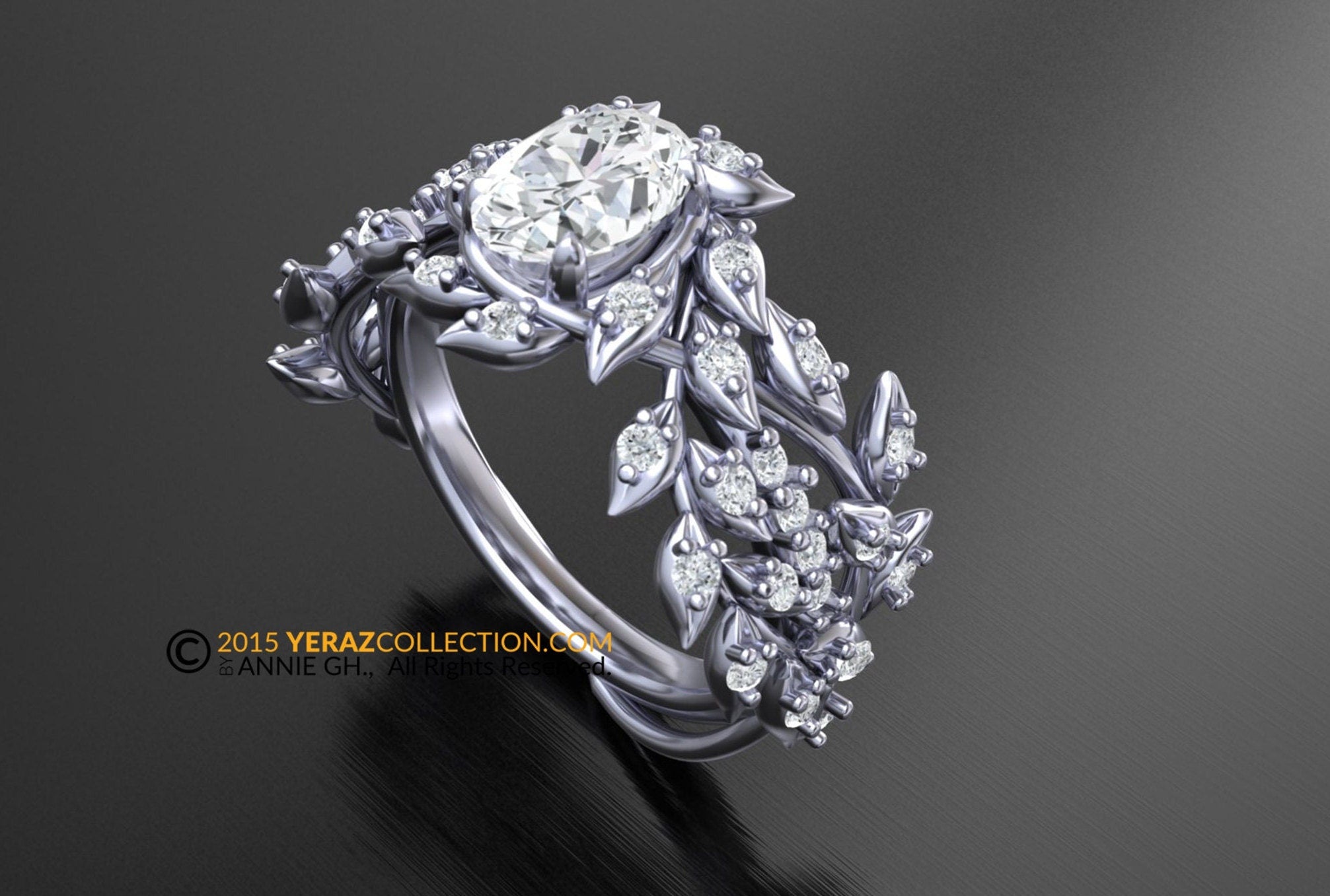 Leaf Engagement ring, White Gold 14k, Lab grown Diamond Center stone, Nature inspired Diamond Leaf ring.