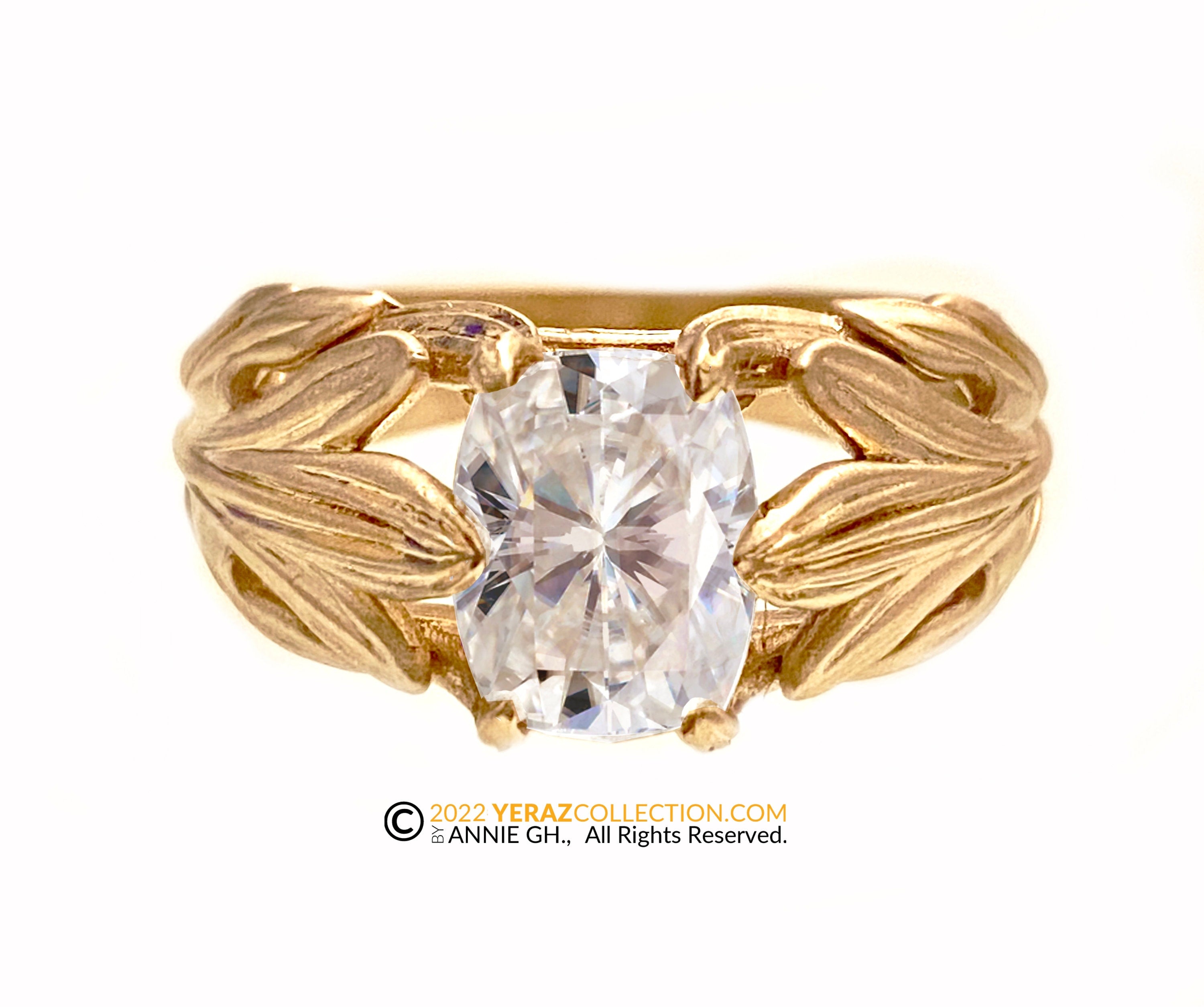 Engagement Ring, Flower Ring, Moissanite Center Stone, Antique Cushion Moissanite,  14K Gold Ring, Leaf Ring.