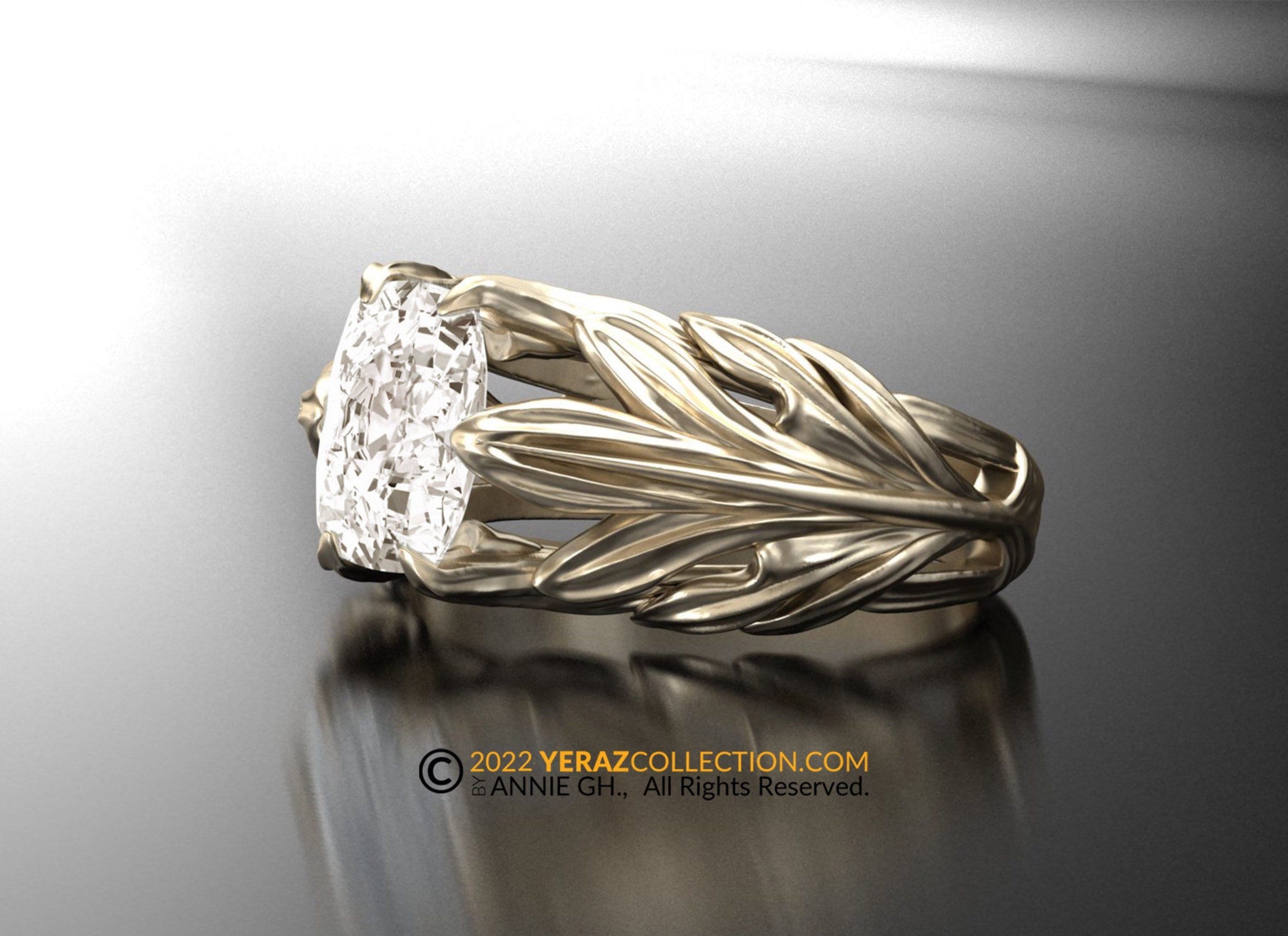Engagement Ring, Flower Ring, Moissanite Center Stone, Antique Cushion Moissanite,  14K Gold Ring, Leaf Ring.