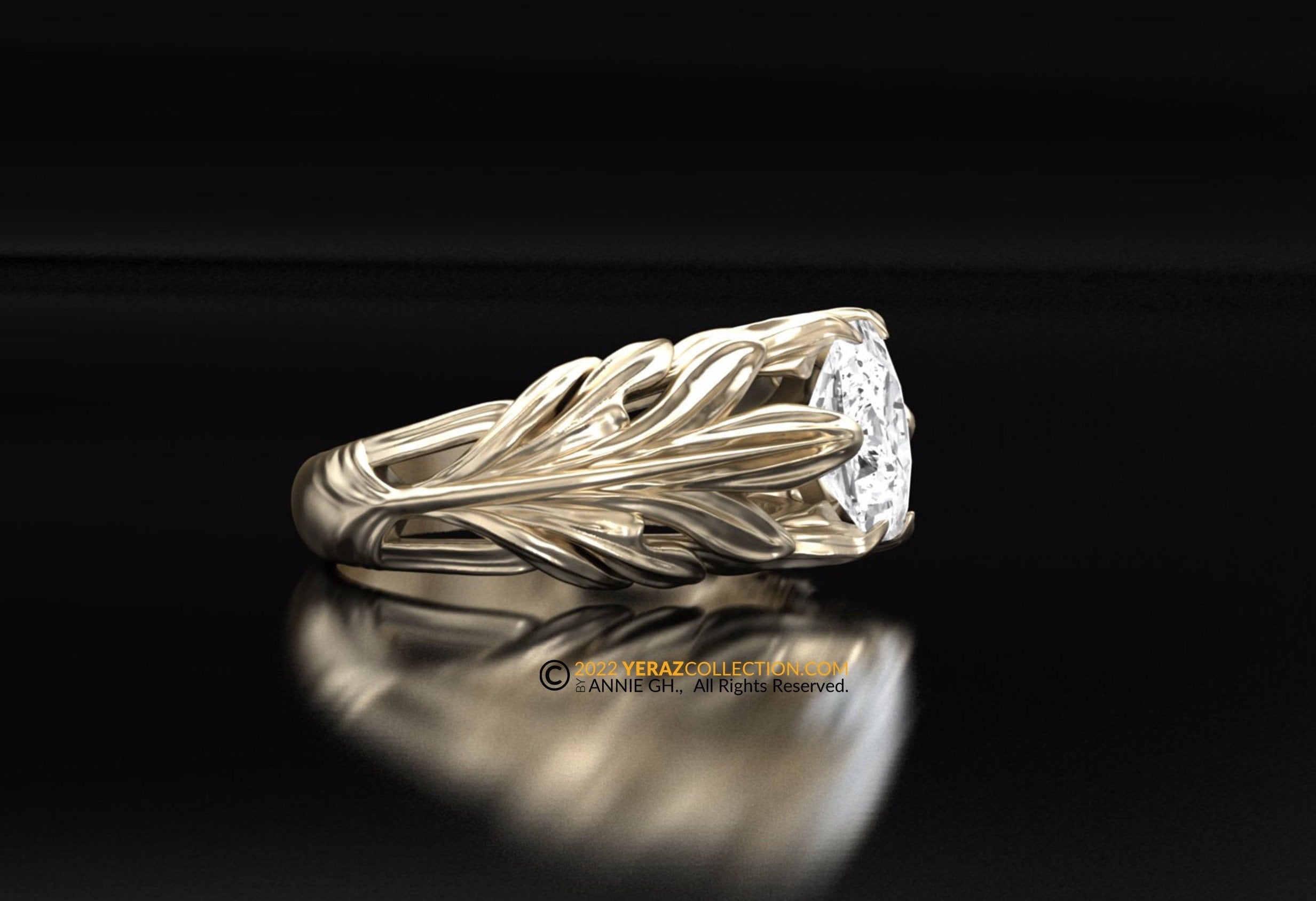 Engagement Ring, Flower Ring, Moissanite Center Stone, Antique Cushion Moissanite,  14K Gold Ring, Leaf Ring.
