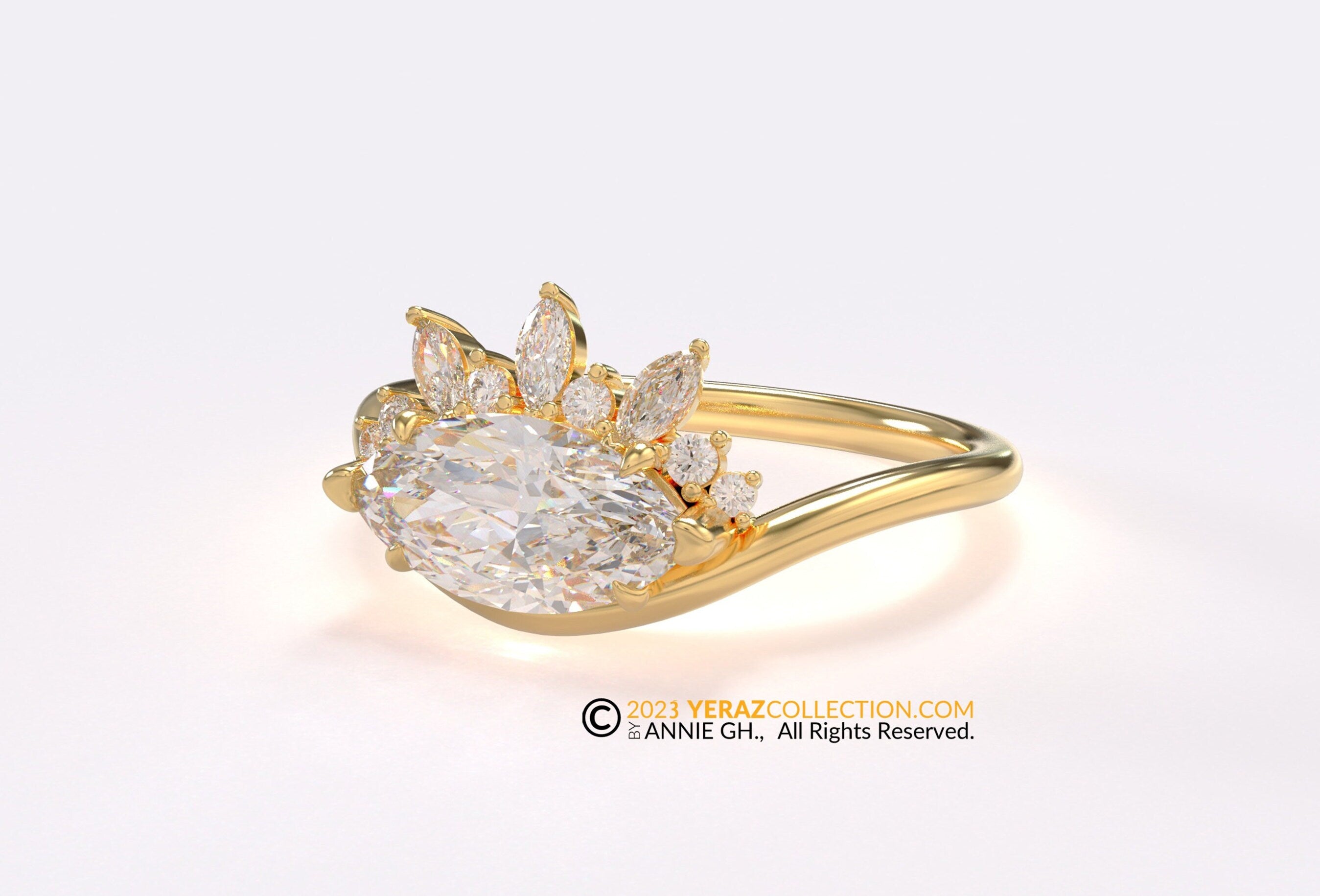Engagement ring, Diamond Ring, Modern Ring, Yellow Gold 14k, Marquise lab Diamond stone, Engagement Ring, Half Halo Ring.