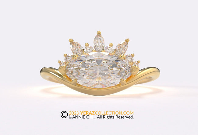 Engagement ring, Diamond Ring, Modern Ring, Yellow Gold 14k, Marquise lab Diamond stone, Engagement Ring, Half Halo Ring.