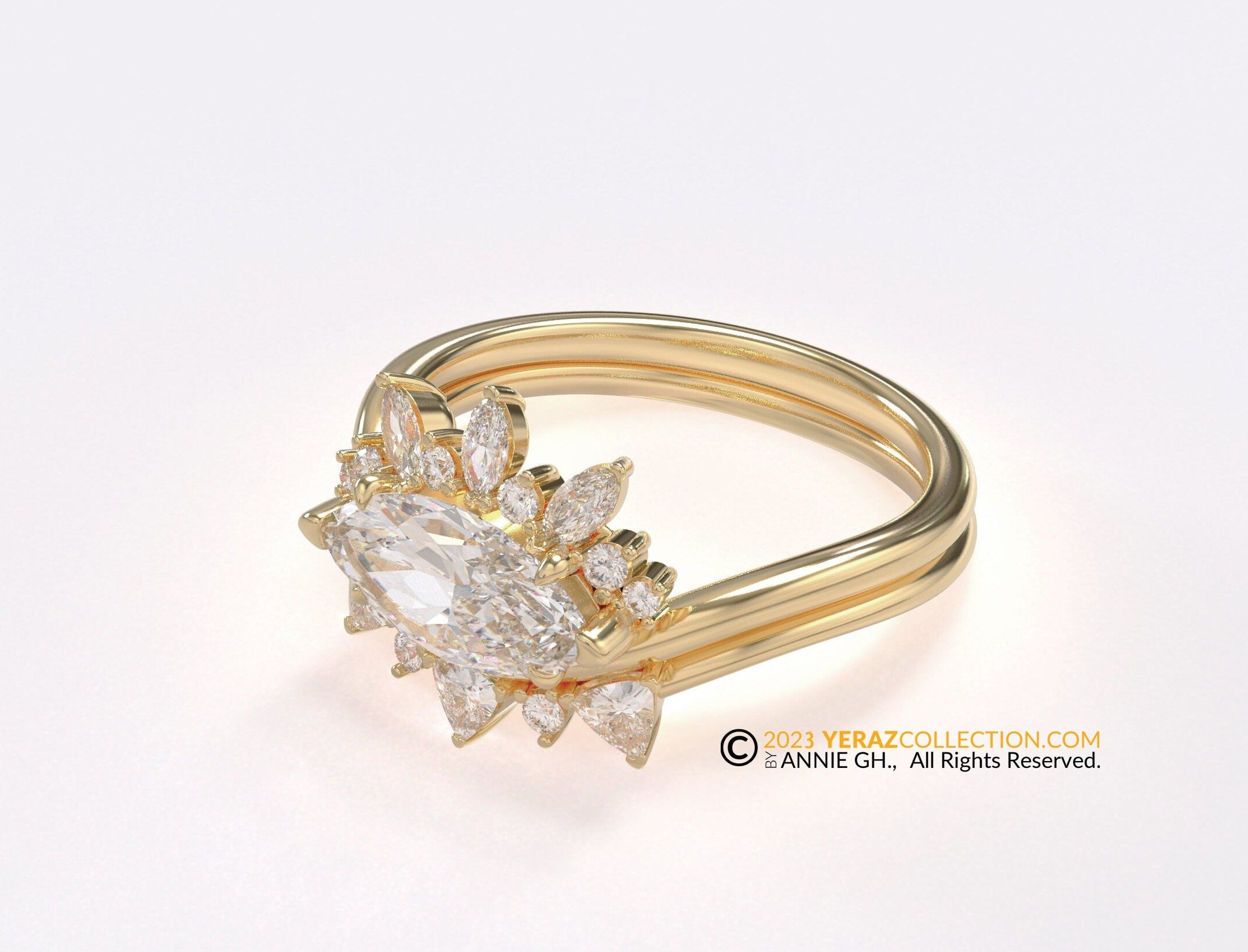 Engagement Ring Set, Engagement Ring and MAtching Band, Diamond Ring, Yellow Gold 14k, Marquise Earth-Mined Diamond stone, Half Halo Ring.