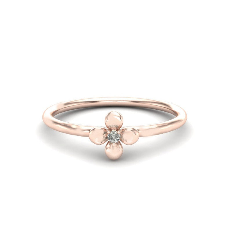 Very Delicate Flower Gold Ring With Diamond, 14K Gold Ring, Diamond Ring, Nature Inspired handmade Ring, Stackable Gold Ring, Unique Gift