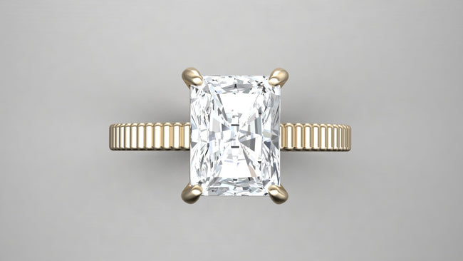 Textured Shank Radiant Cut Moissanite Engagement Ring, 18k Solid Gold.